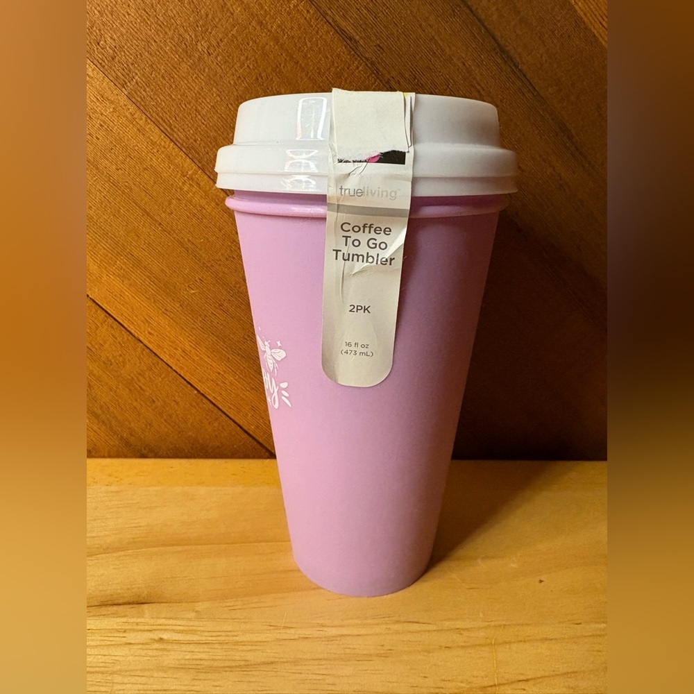 True Living “Bee Happy” Reusable Coffee Tumbler Set | Pink | 16 oz | 2 Pack - Picture 3 of 9